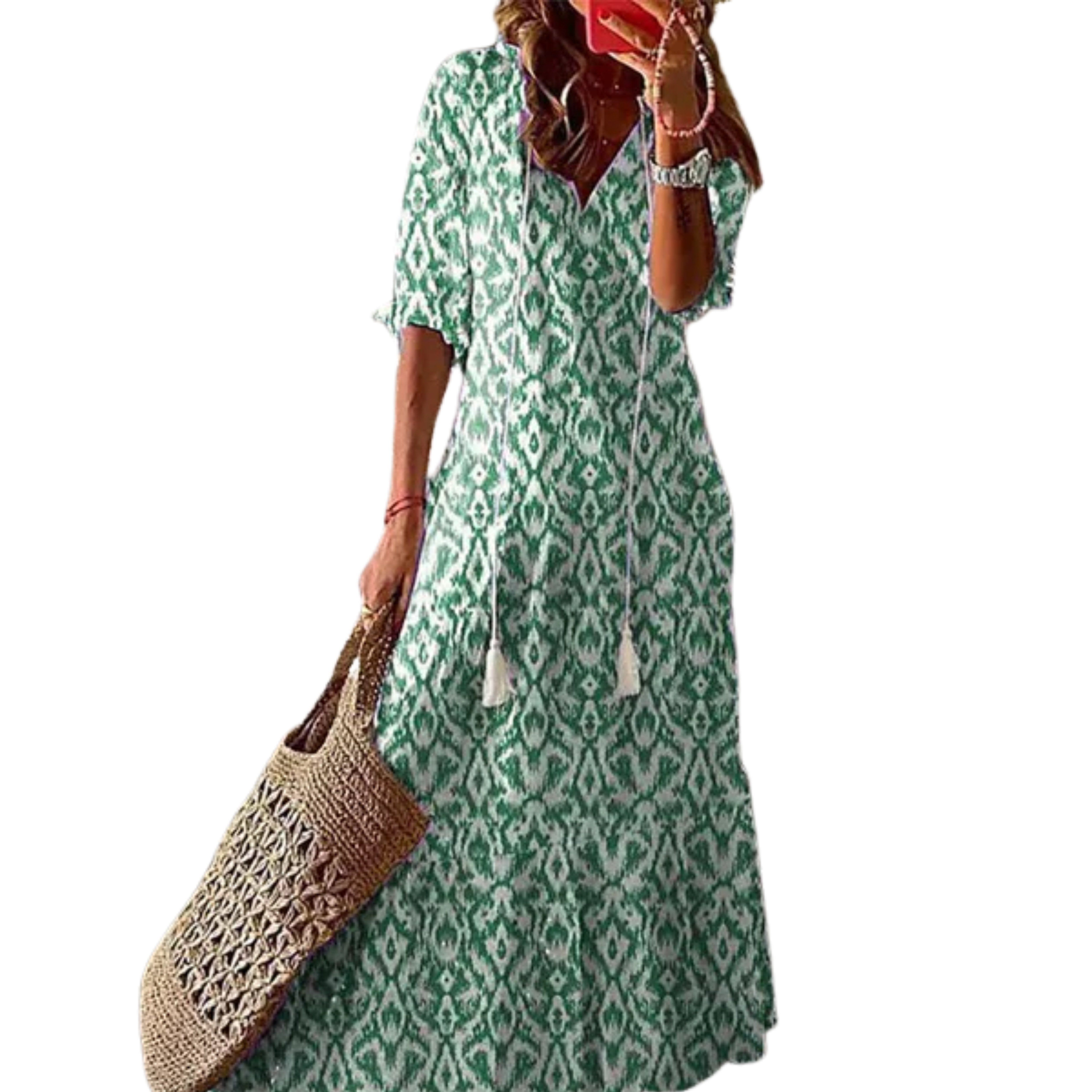 Women's Boho Cotton Maxi Dress Geometric Print Tassel V-Neck Short Sleeve Kaftan