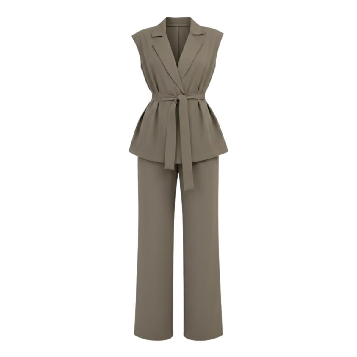 Sleeveless Vest and Wide Leg Pants Set with Turn Down Collar and Tie Waist Belt