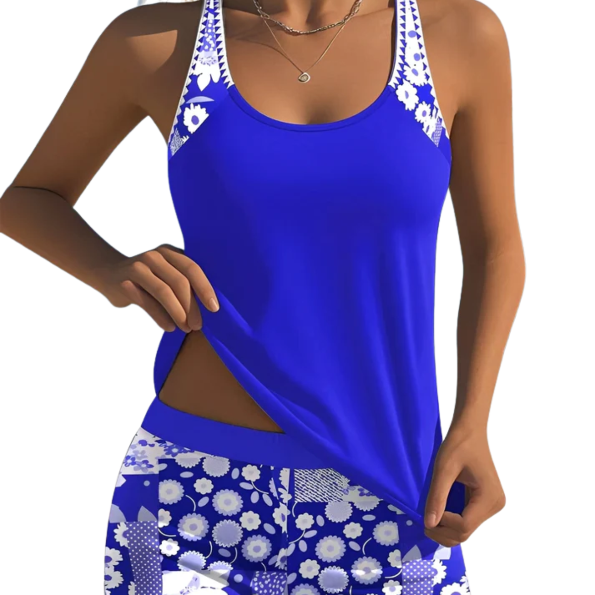 Printed Tankini Swimsuit Set with Scoop Neck Top and High-Waisted Shorts for Women