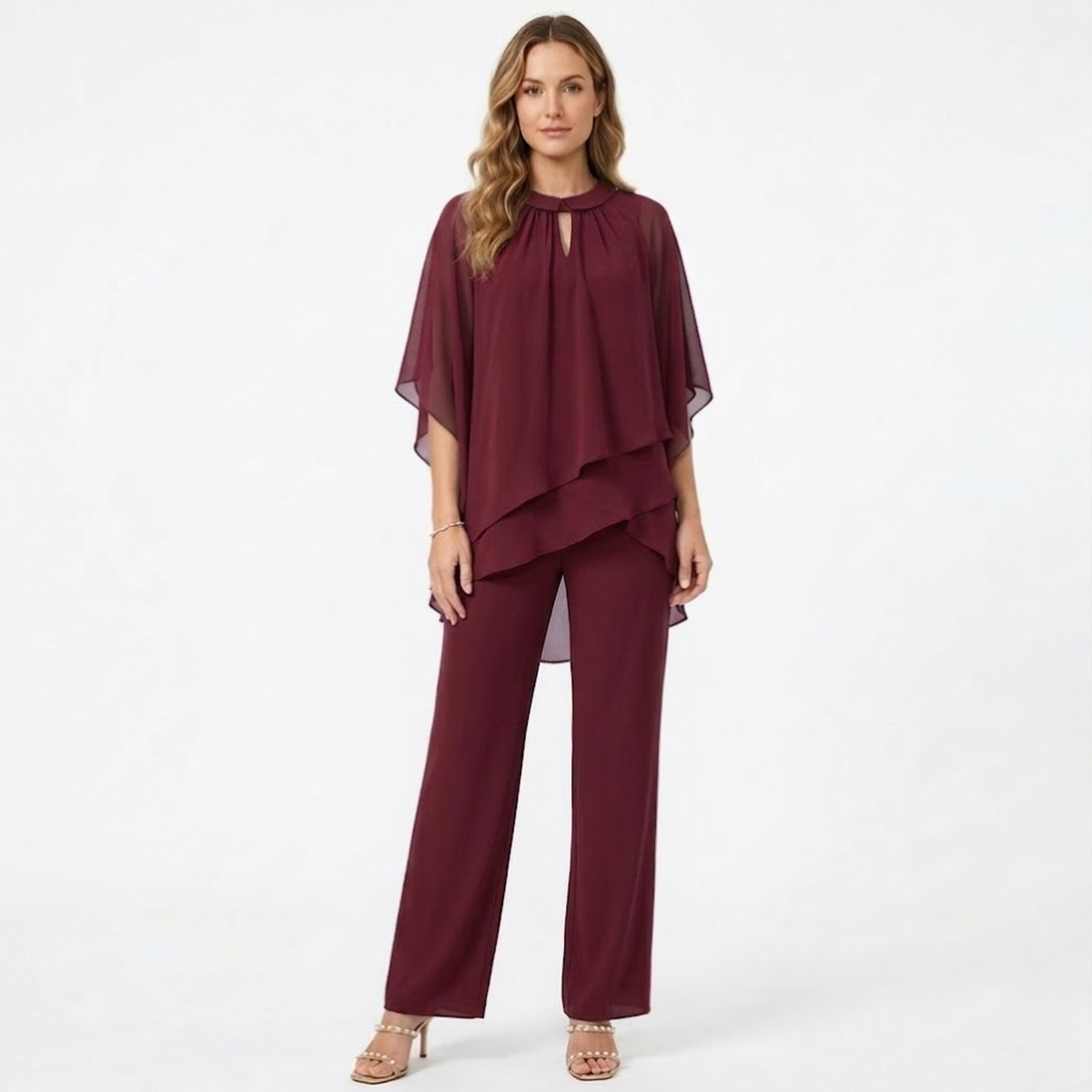 Pantsuit Elegant Chiffon Two Piece Set Formal Evening Guest Trouser Suit