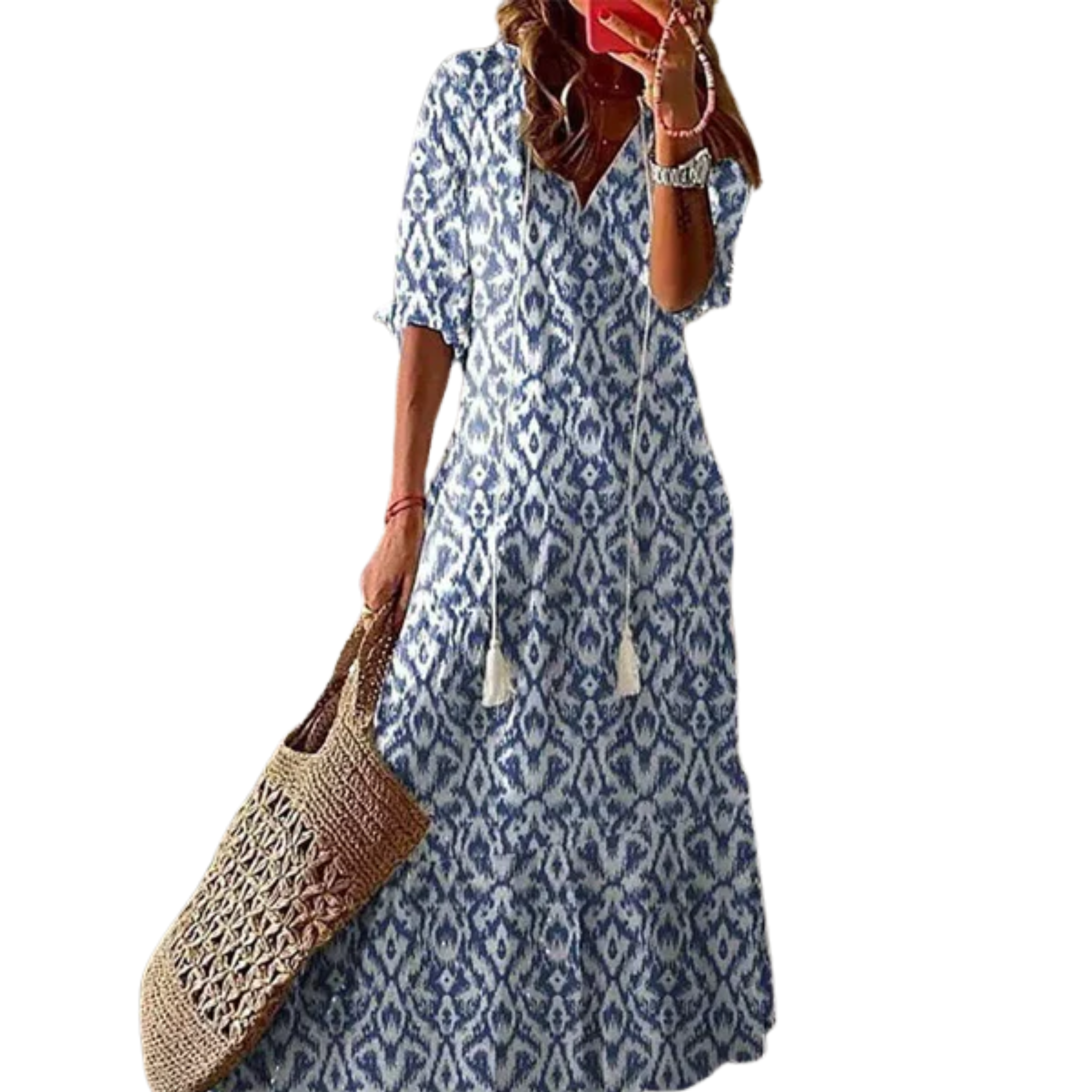 Women's Boho Cotton Maxi Dress Geometric Print Tassel V-Neck Short Sleeve Kaftan