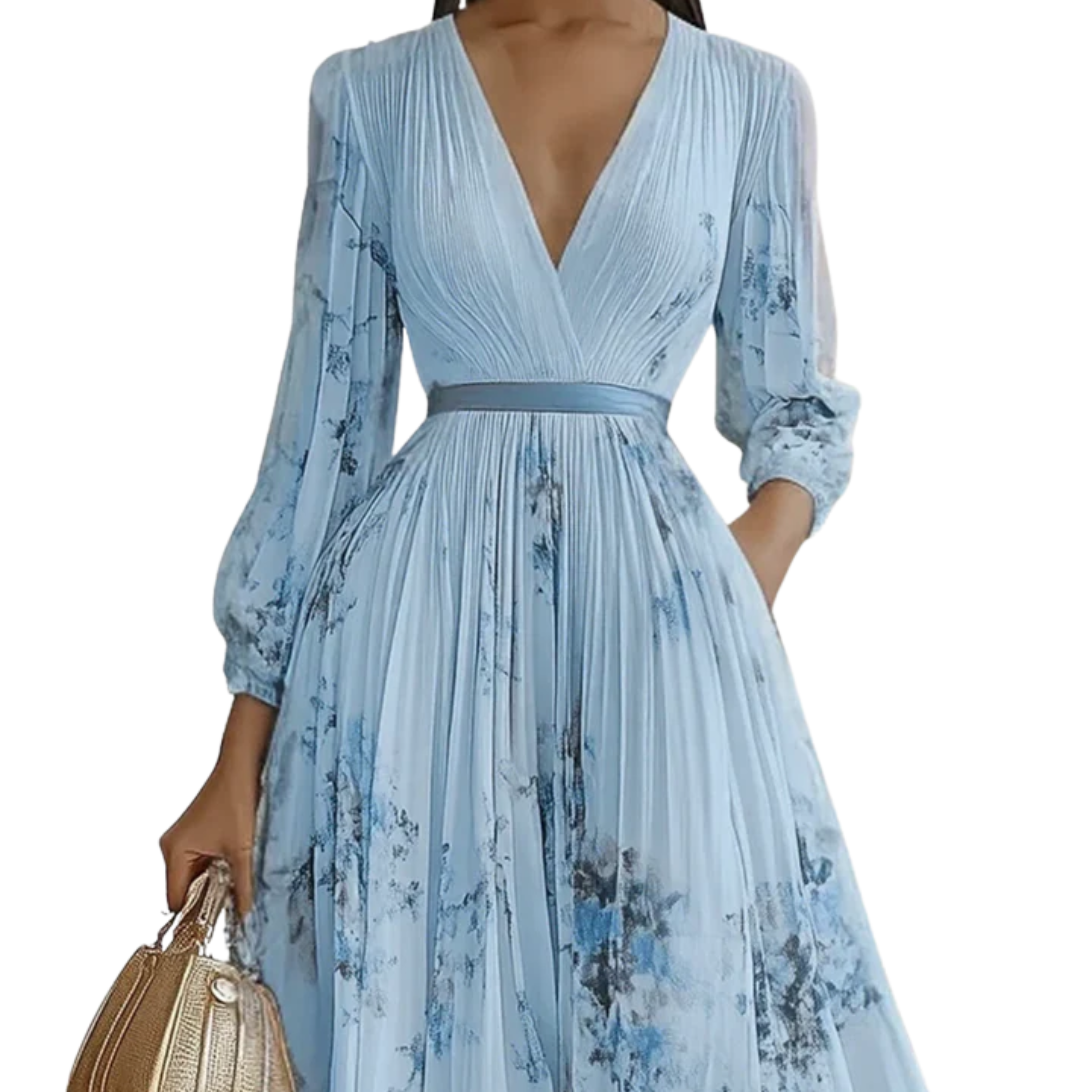 Women's v-neck midi dress — sleeveless pleated skirt with pockets — wedding guest