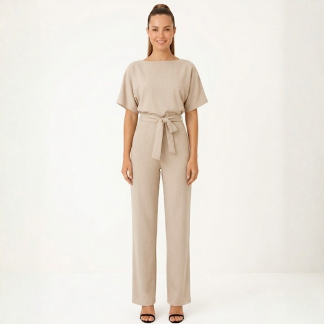 Wide Leg Jumpsuit for Women with Belted Waist and Short Kimono Sleeves