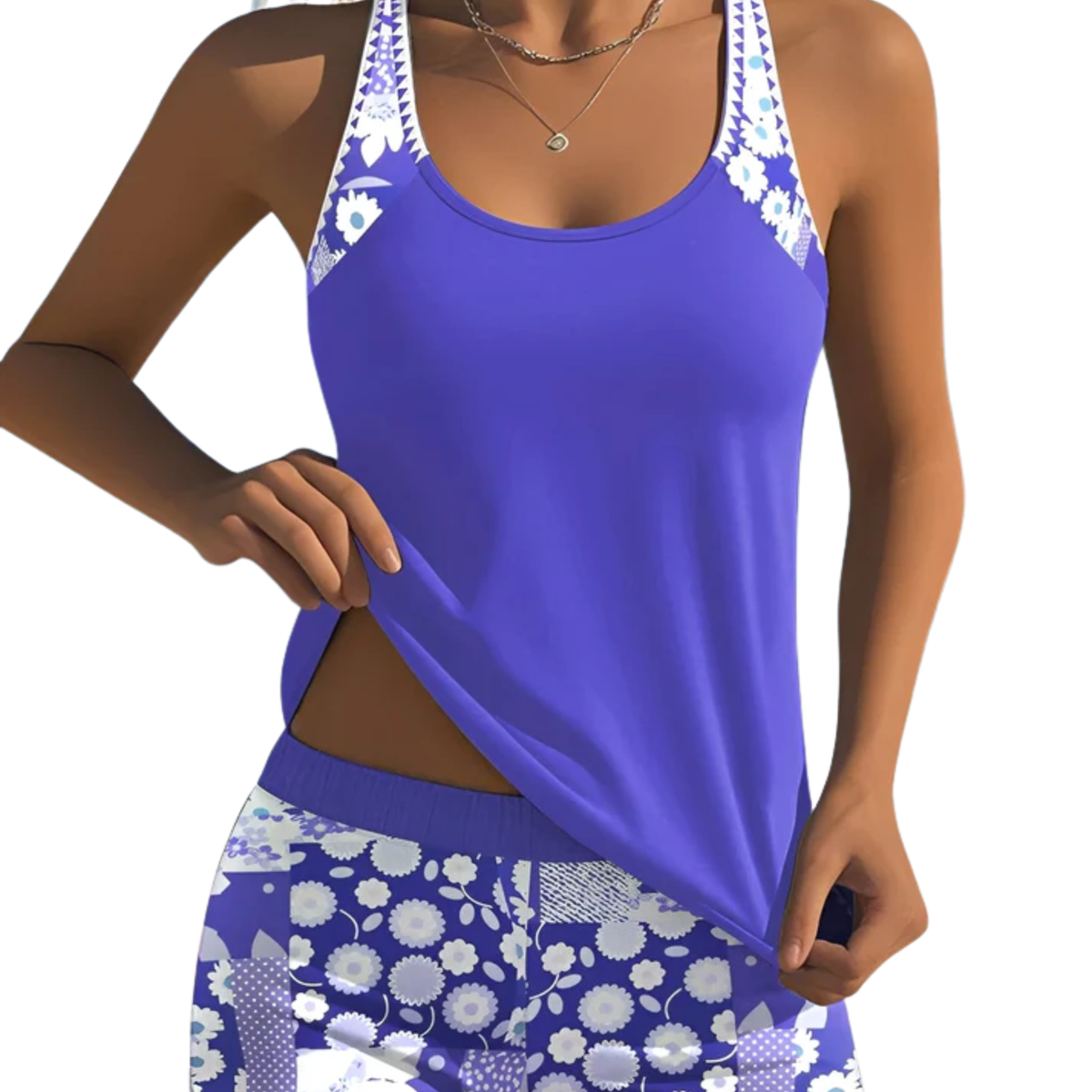 Printed Tankini Swimsuit Set with Scoop Neck Top and High-Waisted Shorts for Women