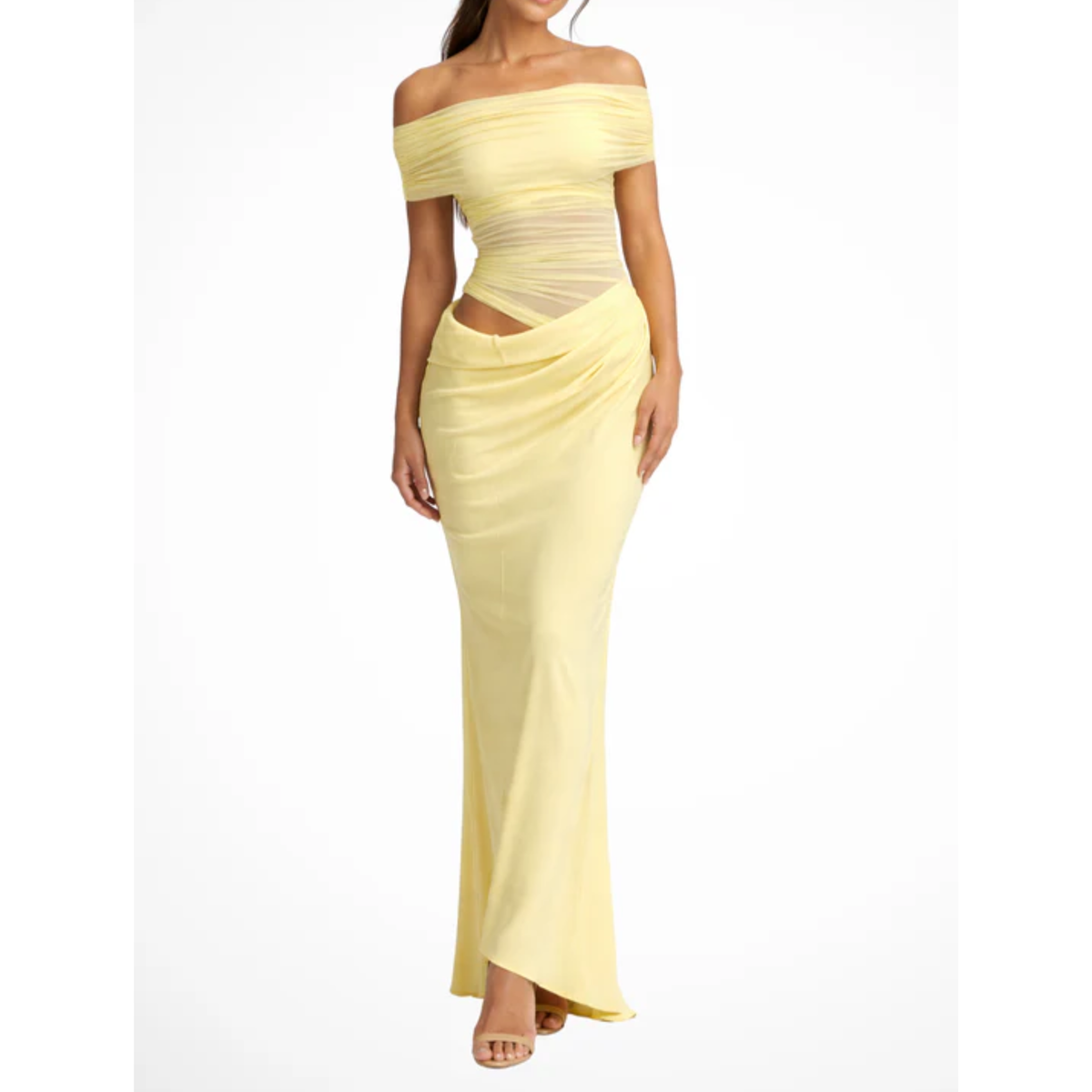 Women's Off Shoulder Ruched Mesh Maxi Dress Sleeveless Bodycon Wedding Guest Dress