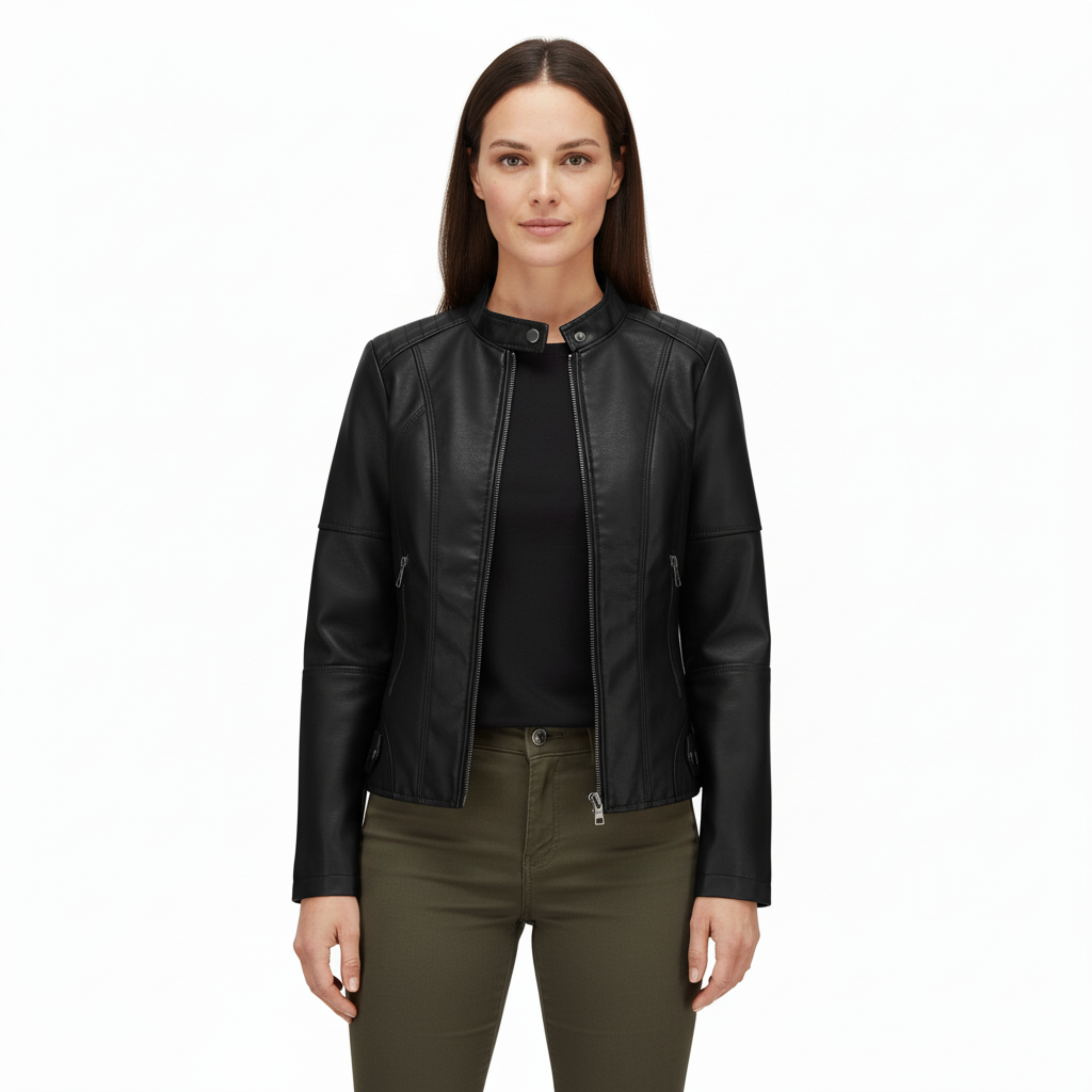 Faux Leather Biker Jacket for Women with Stand Collar and Zip Pockets