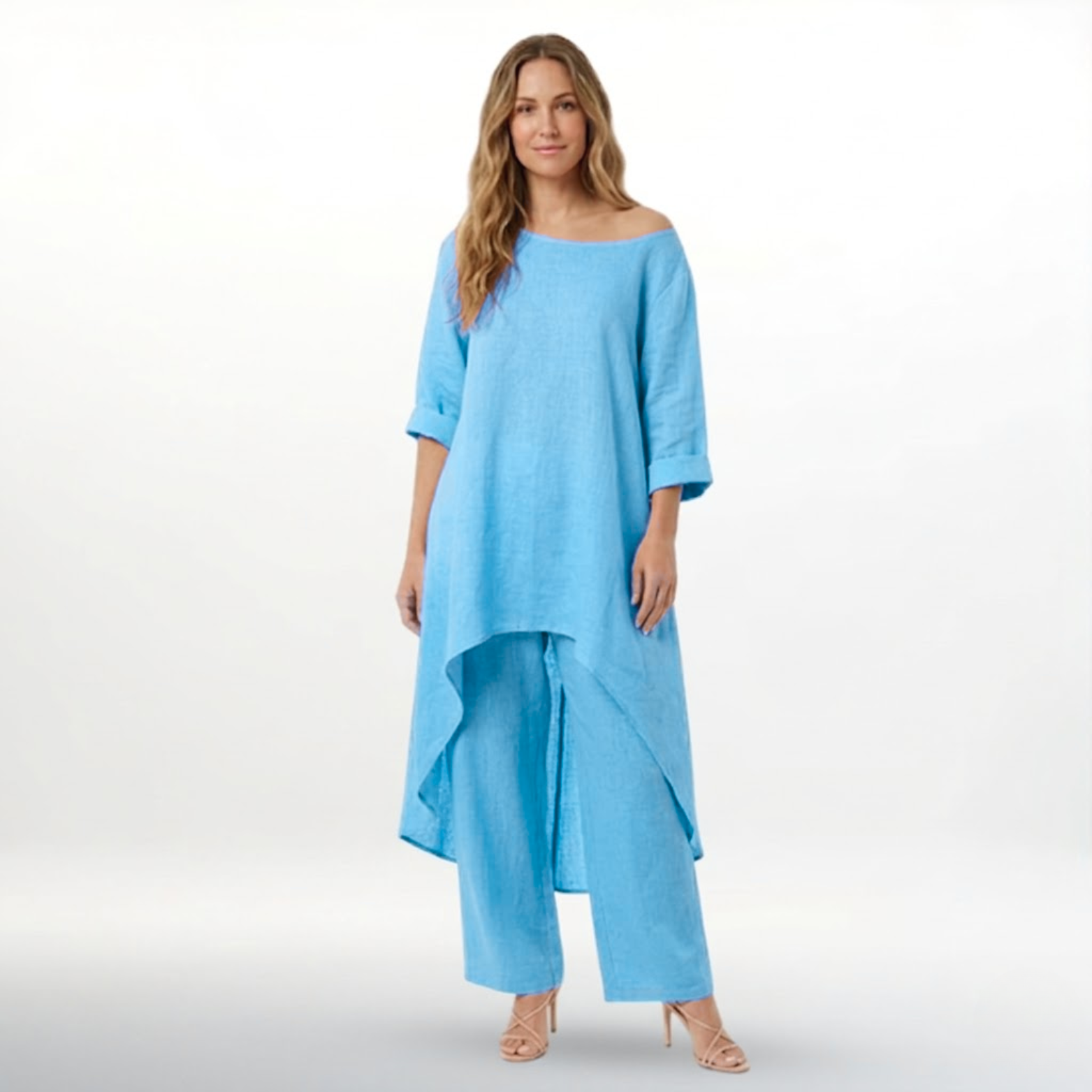 Women’s Cotton Linen Two Piece Set Irregular Hem Long Top and Wide Leg Pants