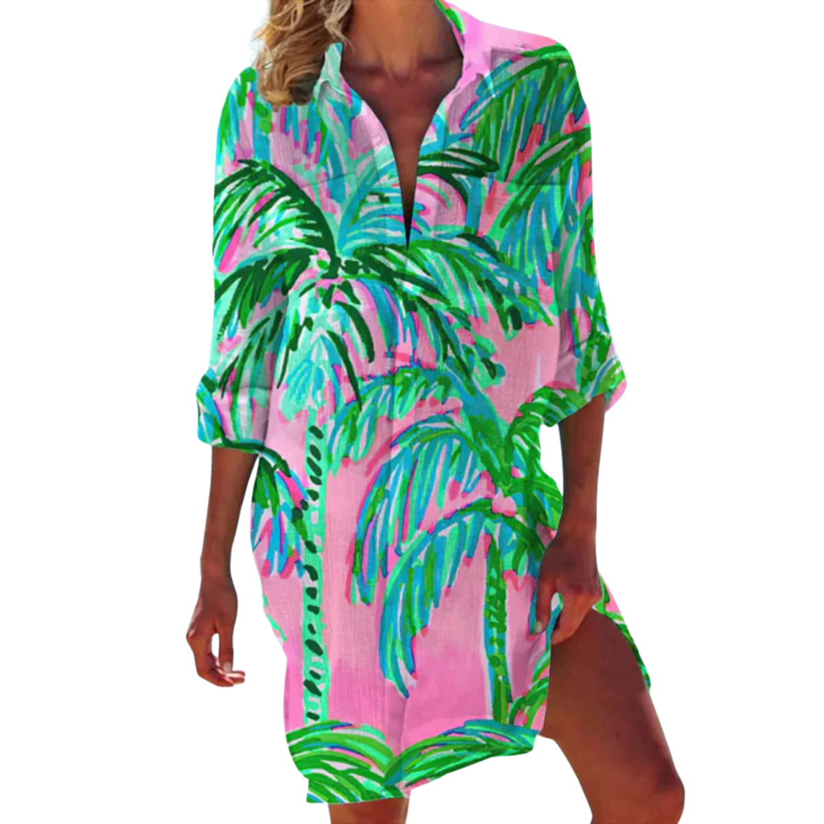 Tropical Print Shirt Dress Women's Beach Cover Up with 3/4 Roll-Tab Sleeves
