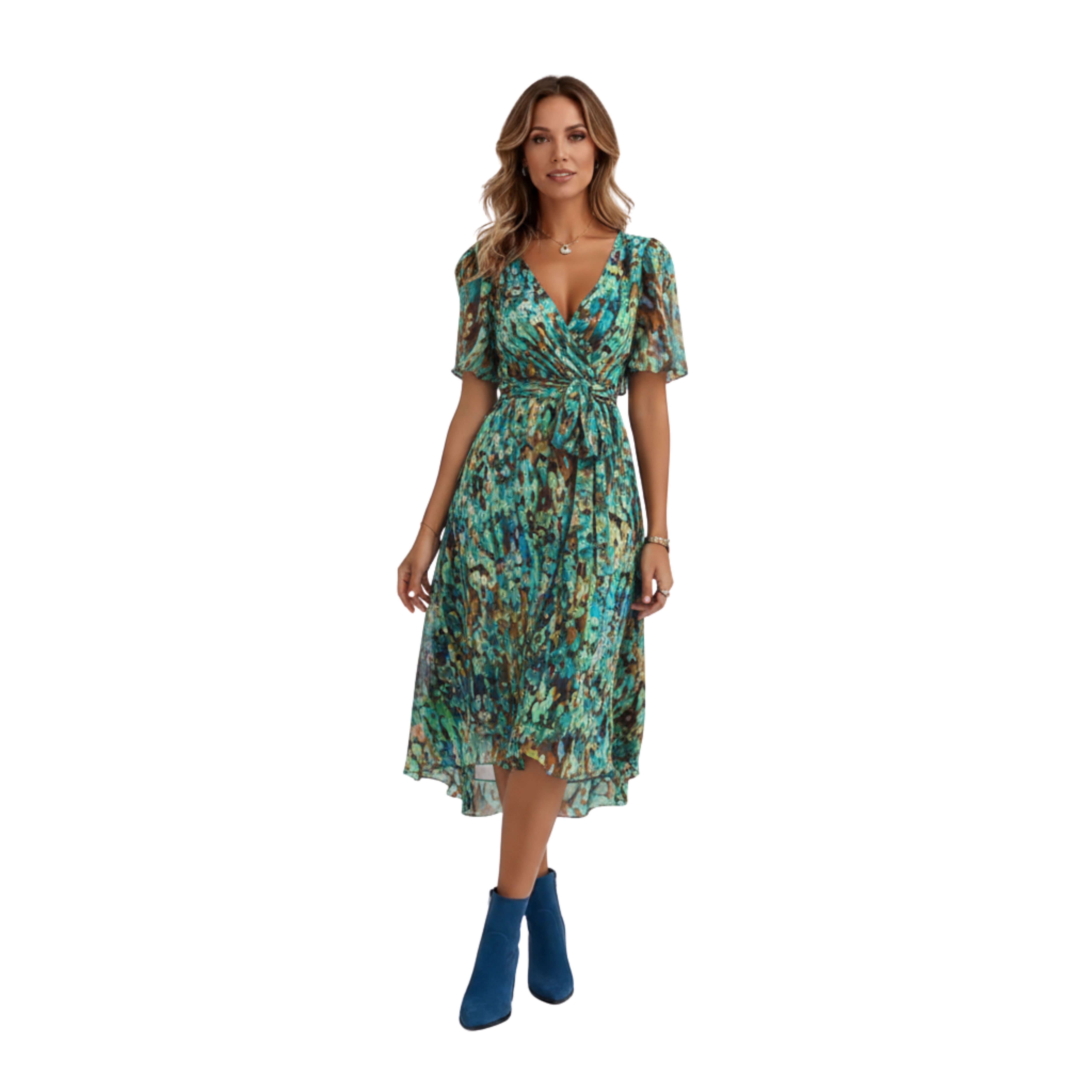 Women's V-Neck Short Sleeve Print Midi Dress Casual Loose Fit A-Line Flowy Dress