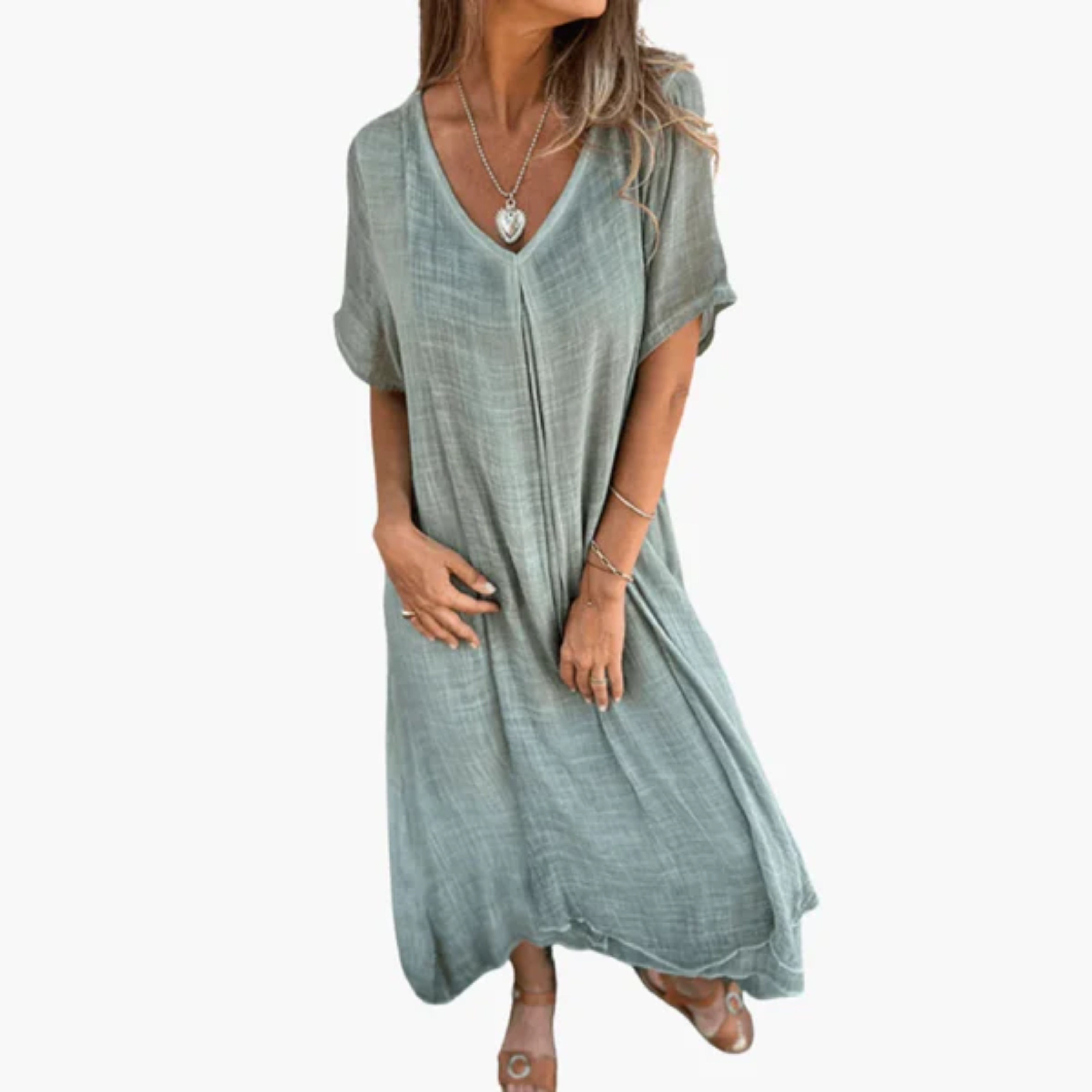 Women's Cotton Linen V Neck Maxi Dress Short Sleeve Loose Bohemian Casual Long Dress