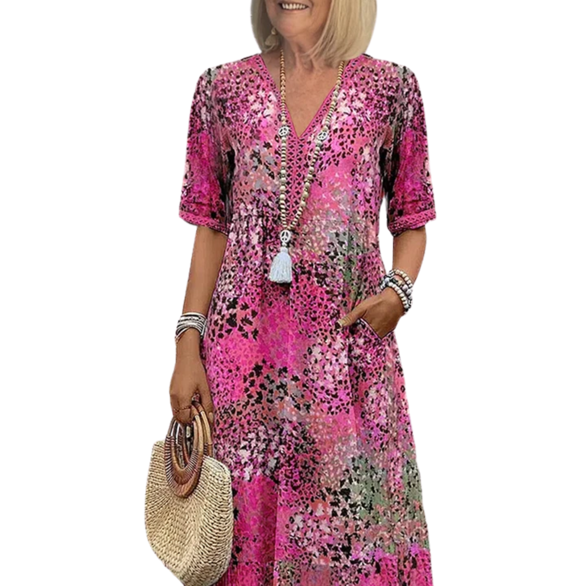 Women's printed midi dress — V-neck a-line with pockets — casual daily