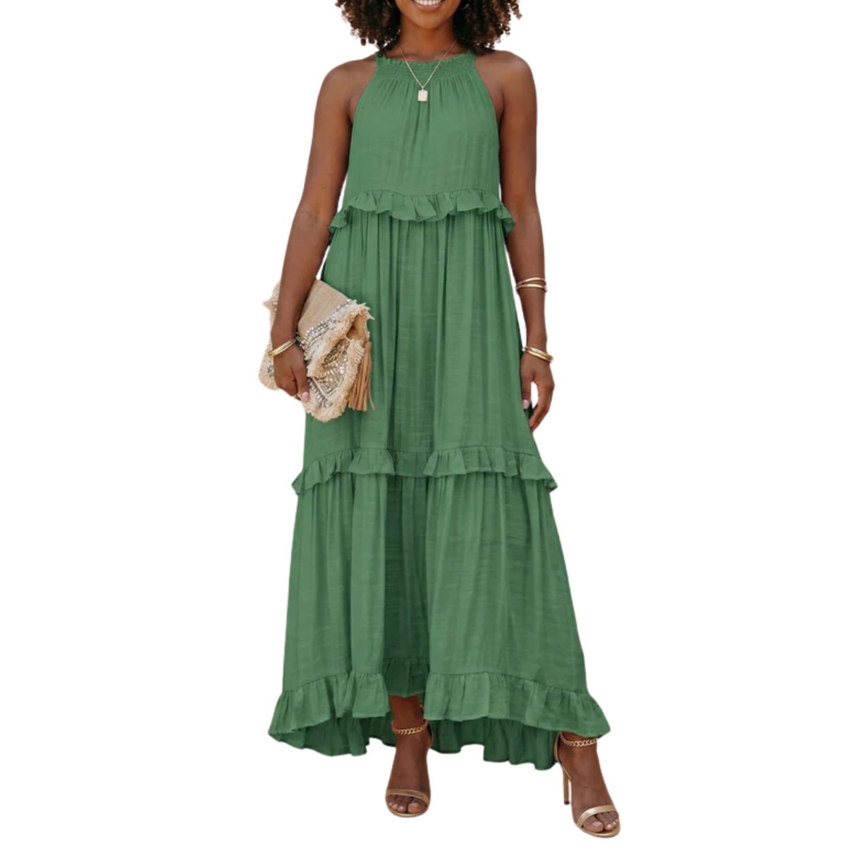 Women's Tiered Maxi Dress Halter Neck Cotton Blend Sleeveless Flowing Wedding Guest Dress