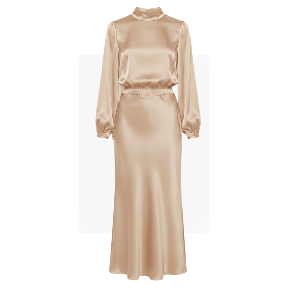 Satin High Neck Maxi Dress Long Sleeve Empire Waist Asymmetrical Evening Party Gown