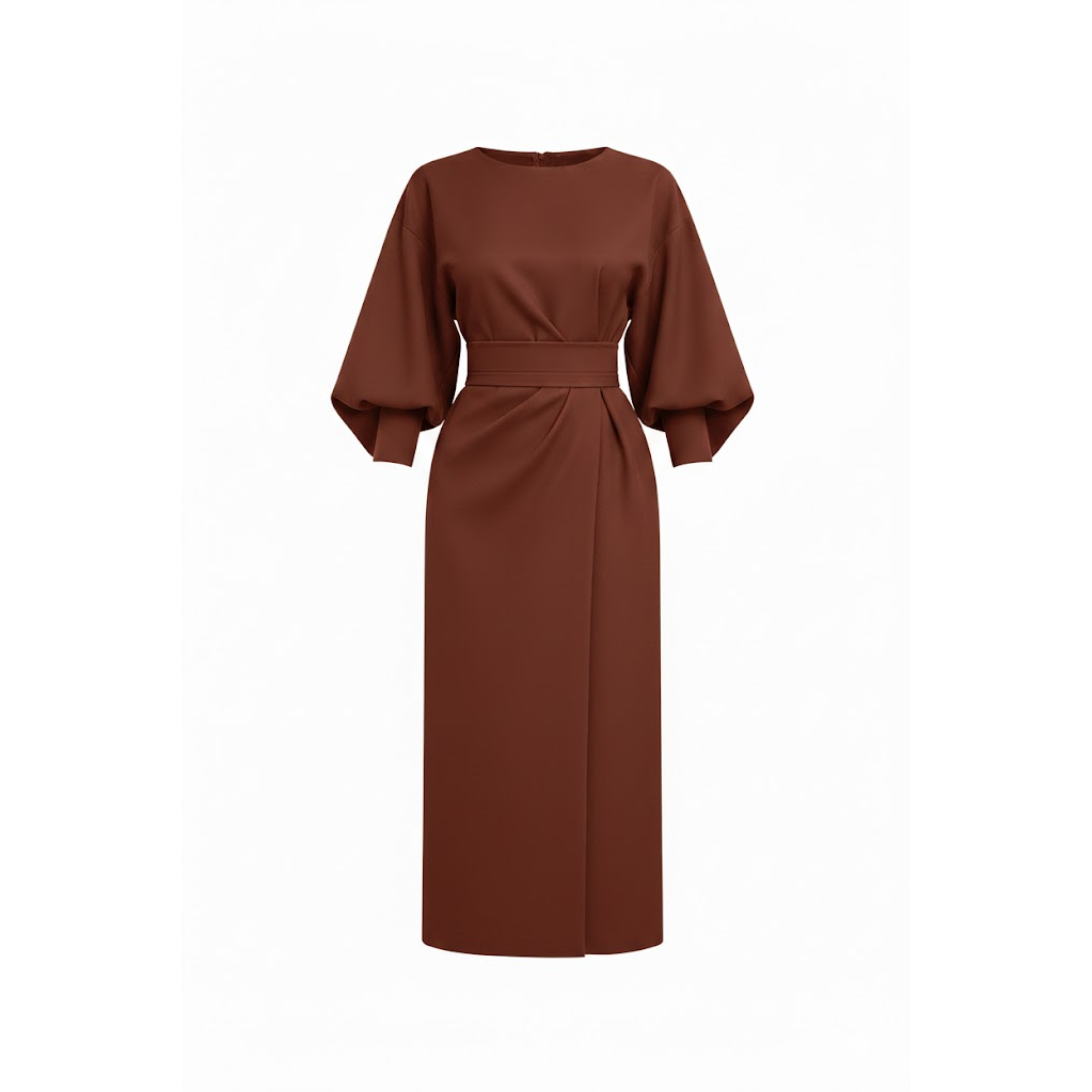 High-Waist A-Line Midi Dress with Batwing Kimono Sleeves and Wrap Front