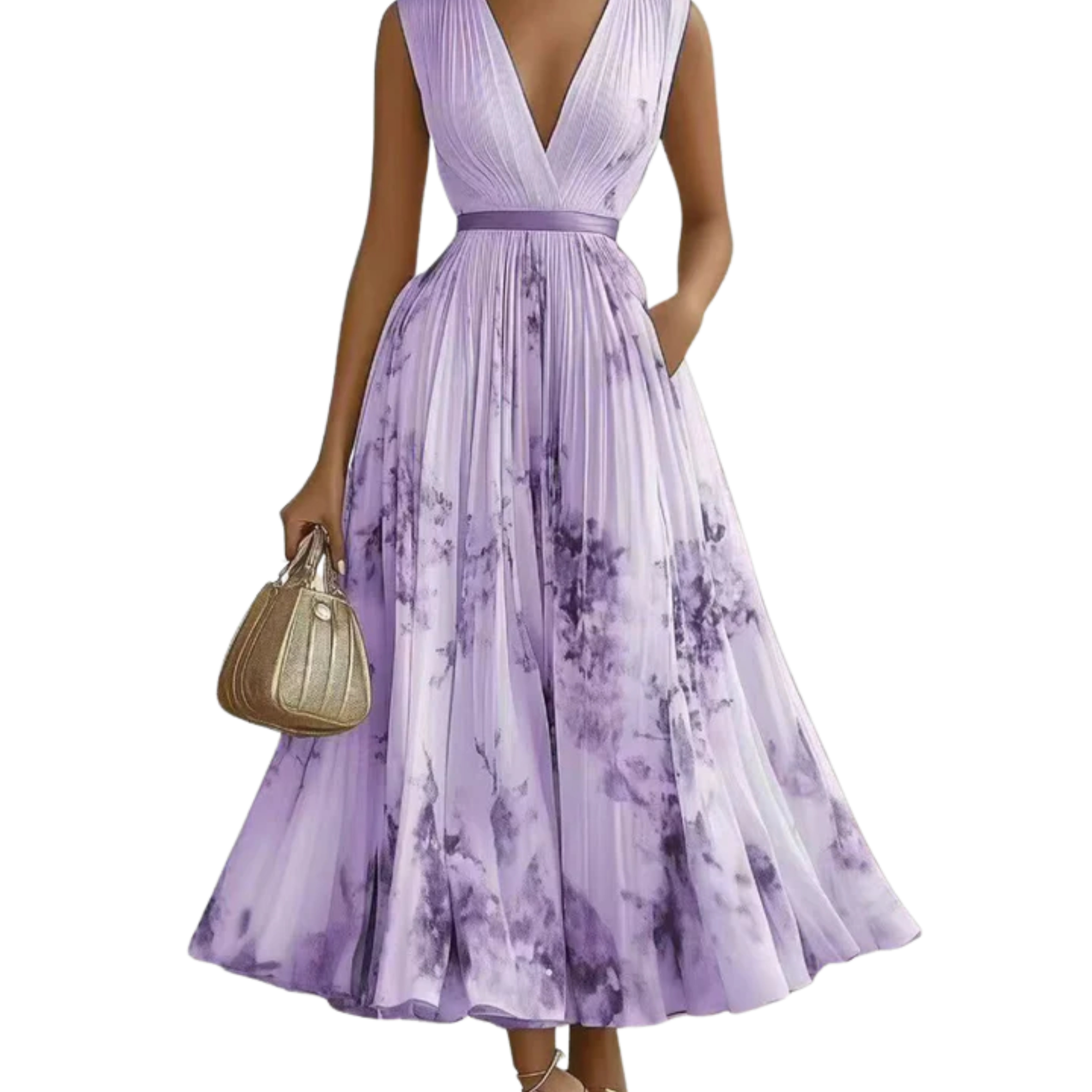 Women's v-neck midi dress — sleeveless pleated skirt with pockets — wedding guest