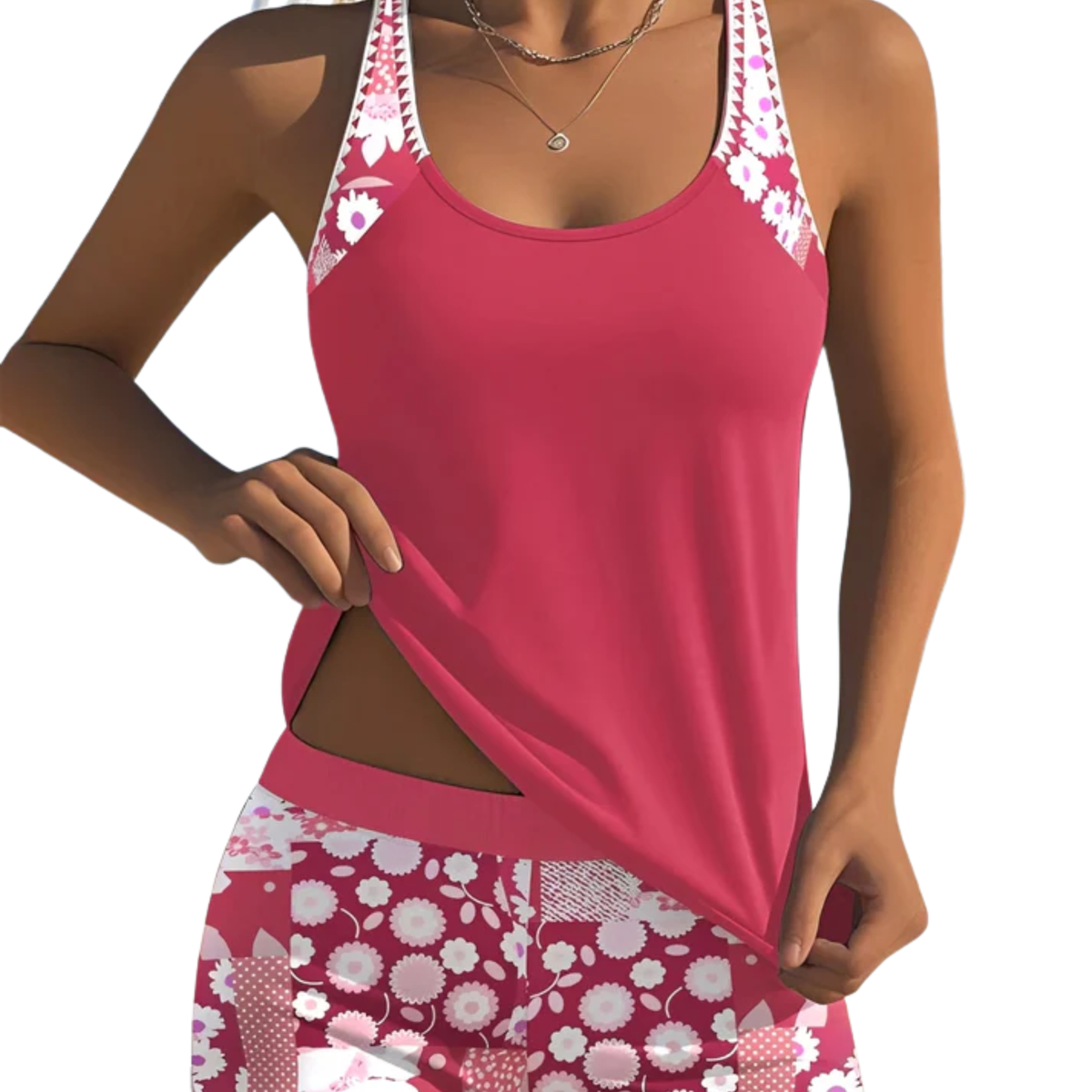 Printed Tankini Swimsuit Set with Scoop Neck Top and High-Waisted Shorts for Women