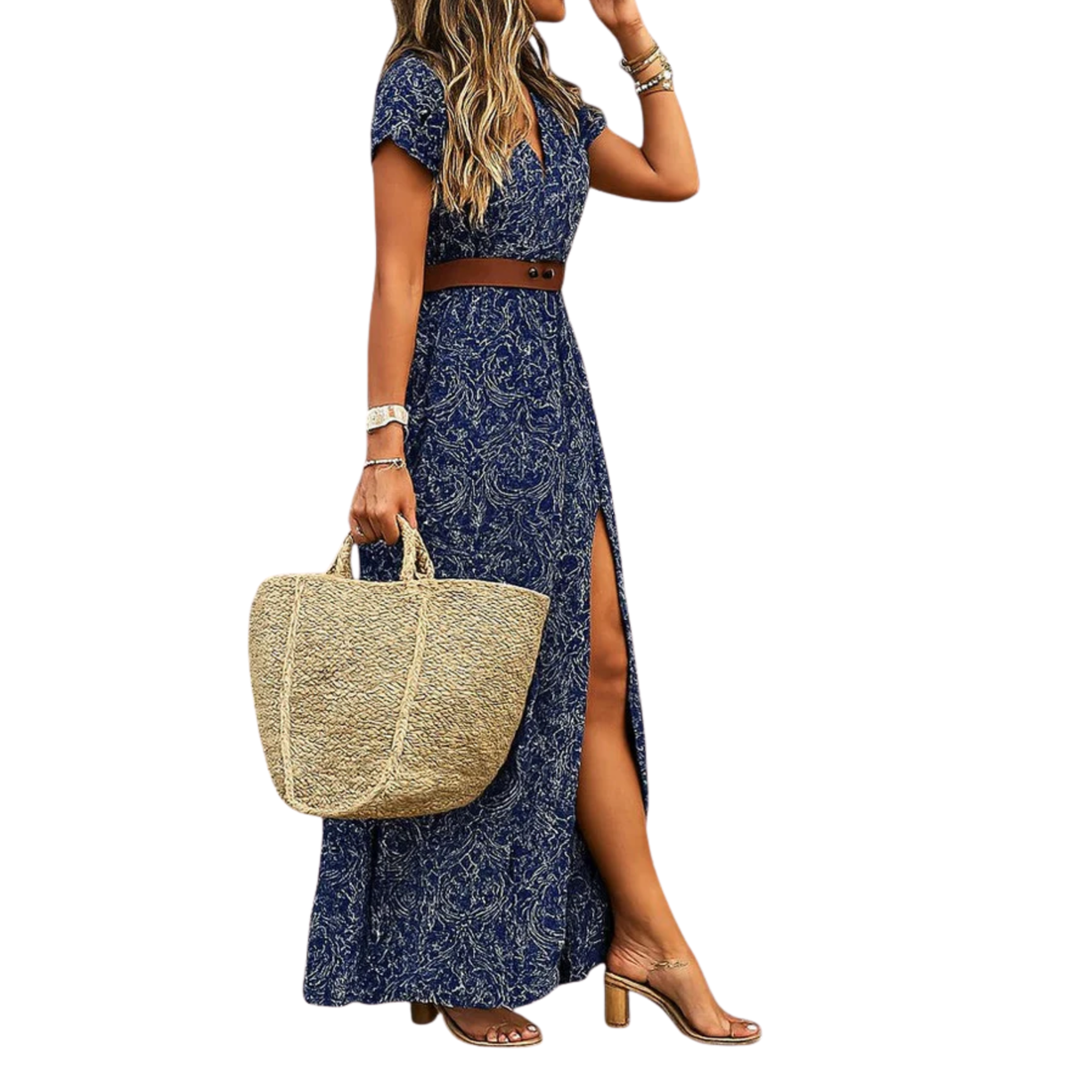 Boho Maxi Dress V-Neck Short Sleeve Floral Print Side Slit Casual Summer Gown