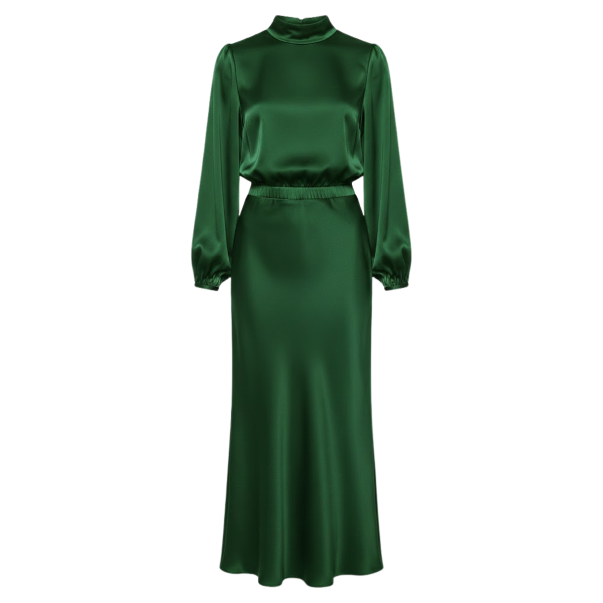 Satin High Neck Maxi Dress Long Sleeve Empire Waist Asymmetrical Evening Party Gown