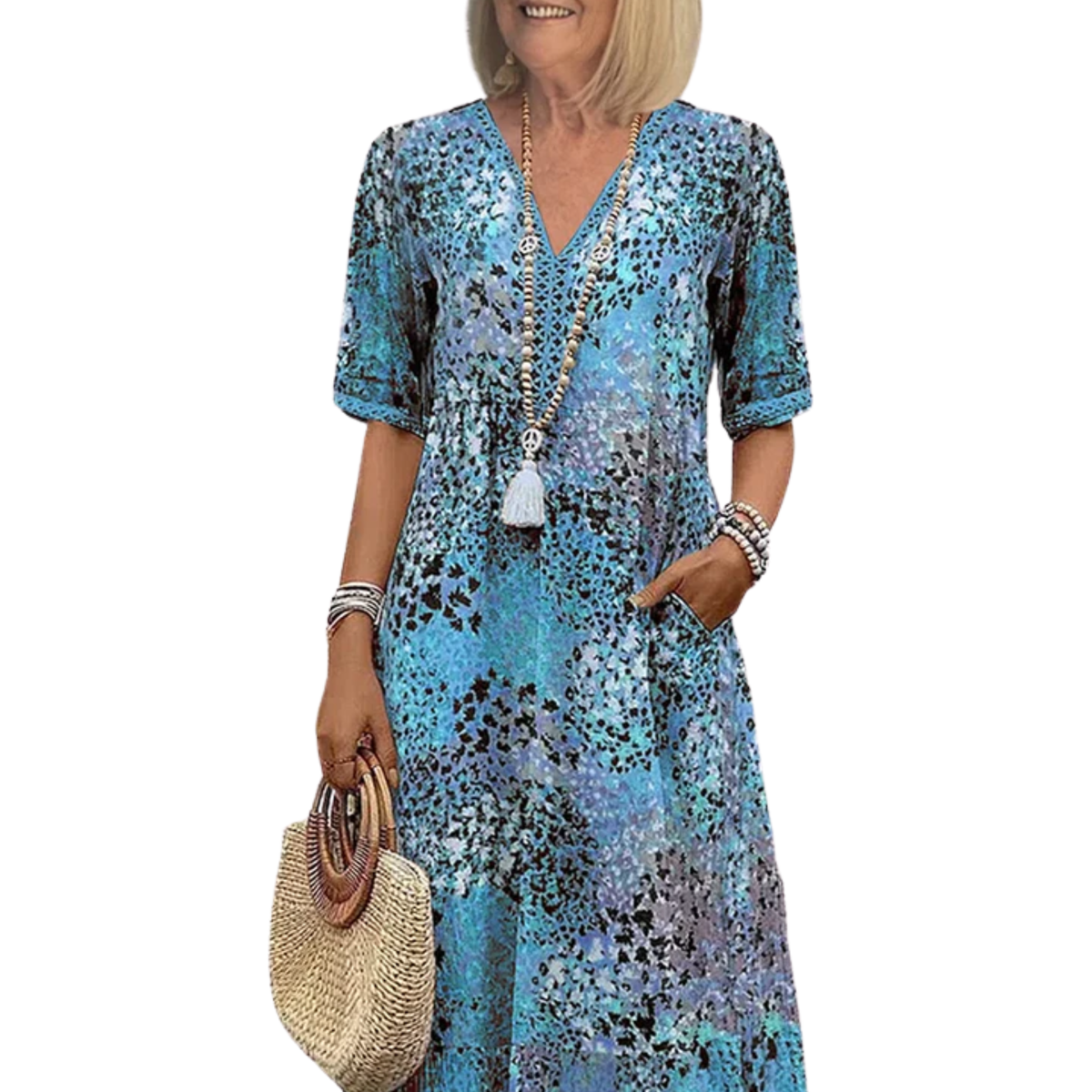 Women's printed midi dress — V-neck a-line with pockets — casual daily