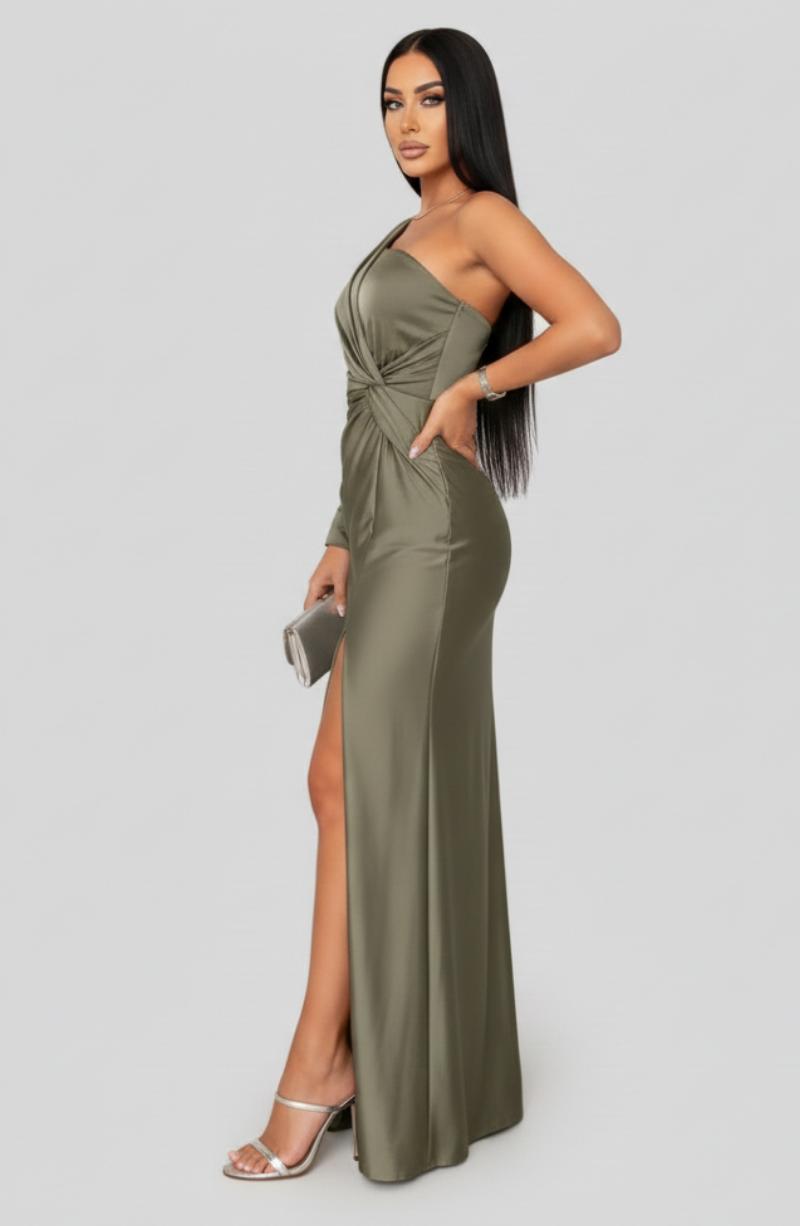 Women's maxi dress - one-shoulder satin design with side slit | wedding guest