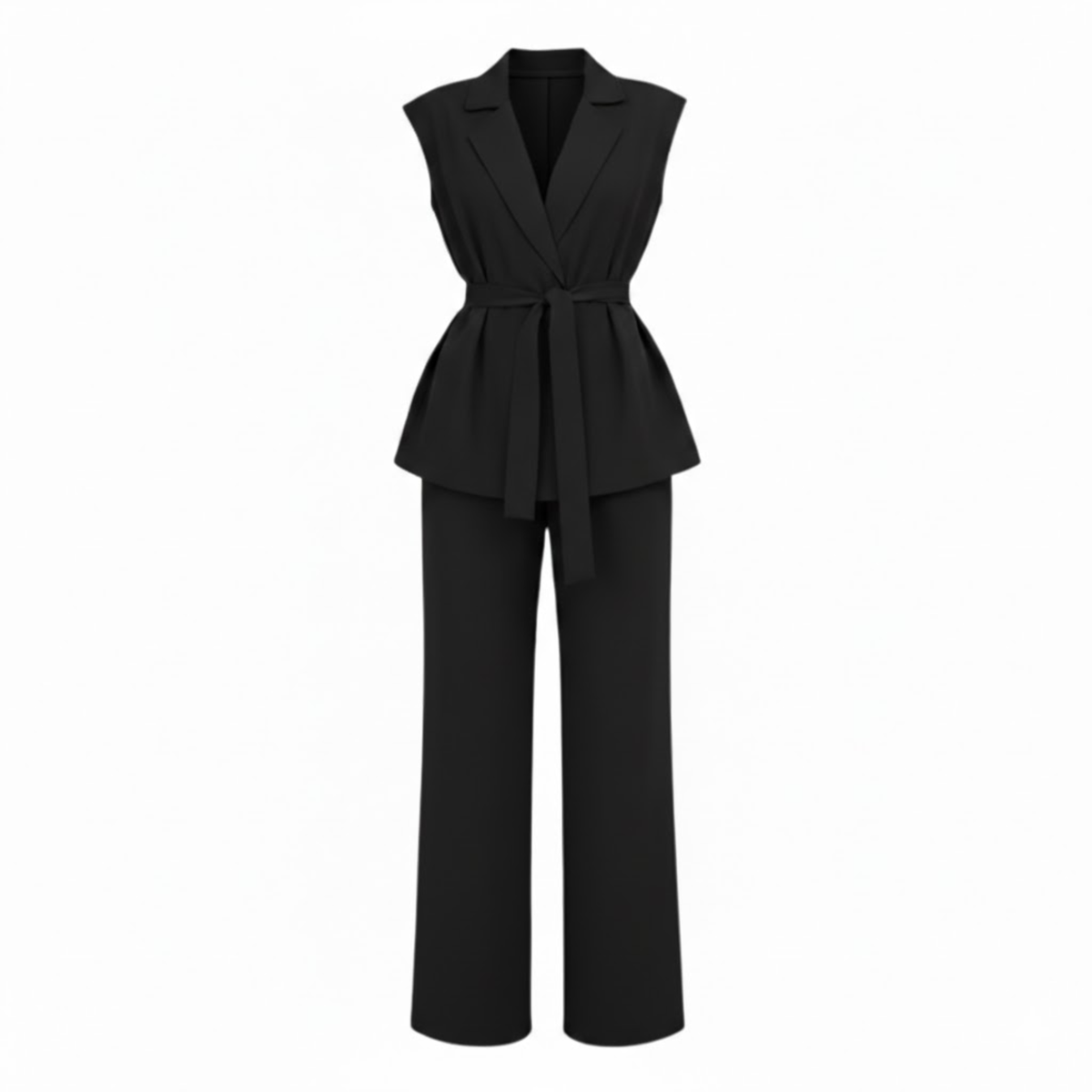 Sleeveless Vest and Wide Leg Pants Set with Turn Down Collar and Tie Waist Belt