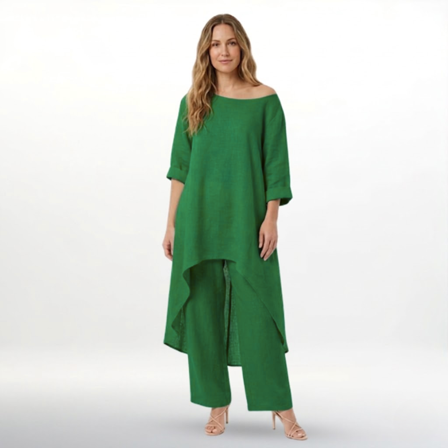 Women’s Cotton Linen Two Piece Set Irregular Hem Long Top and Wide Leg Pants
