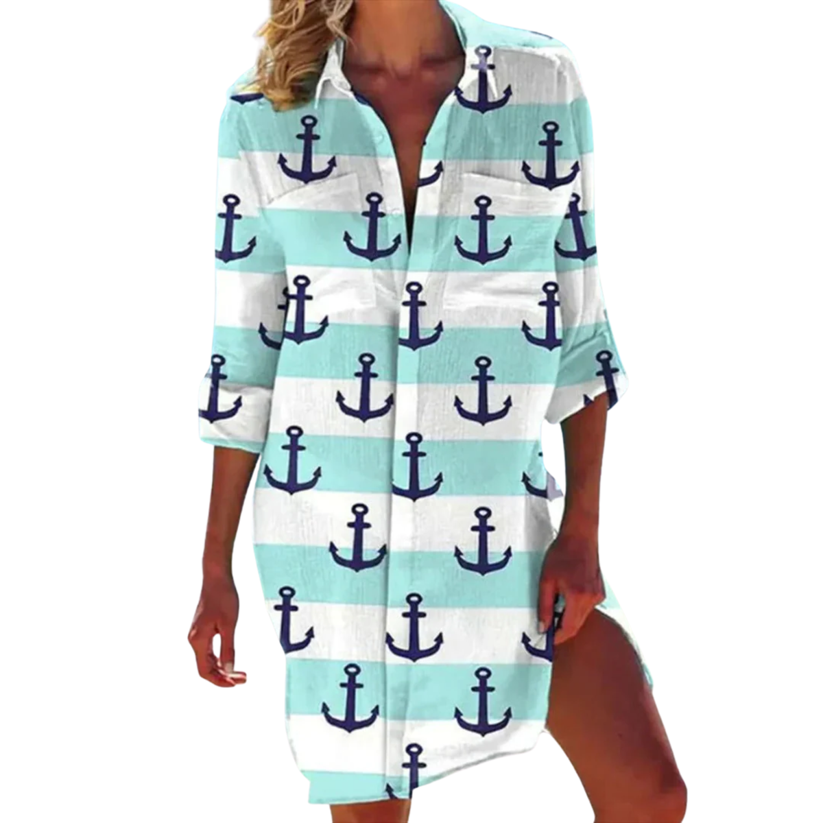 Tropical Print Shirt Dress Women's Beach Cover Up with 3/4 Roll-Tab Sleeves