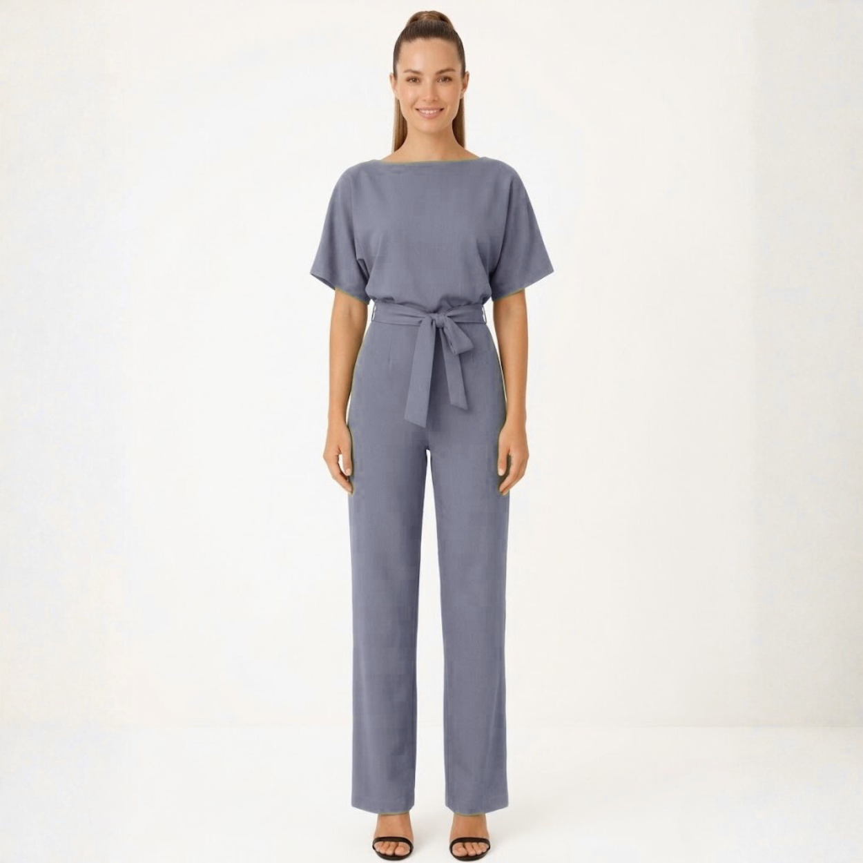 Wide Leg Jumpsuit for Women with Belted Waist and Short Kimono Sleeves