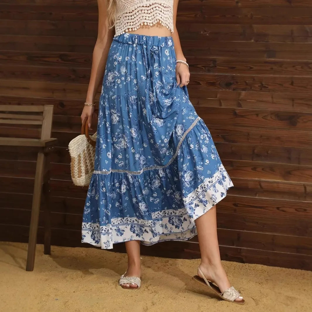 Women's maxi skirt - flowy A-line tiered skirt with elastic waist | beach holiday