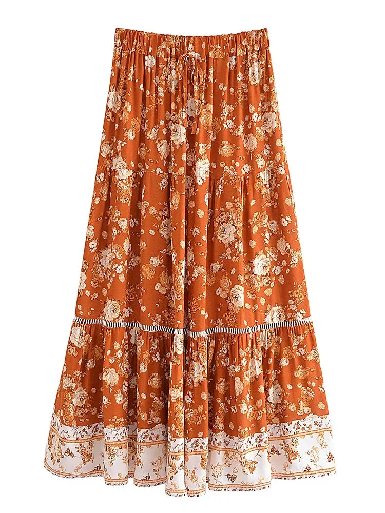 Women's maxi skirt - flowy A-line tiered skirt with elastic waist | beach holiday