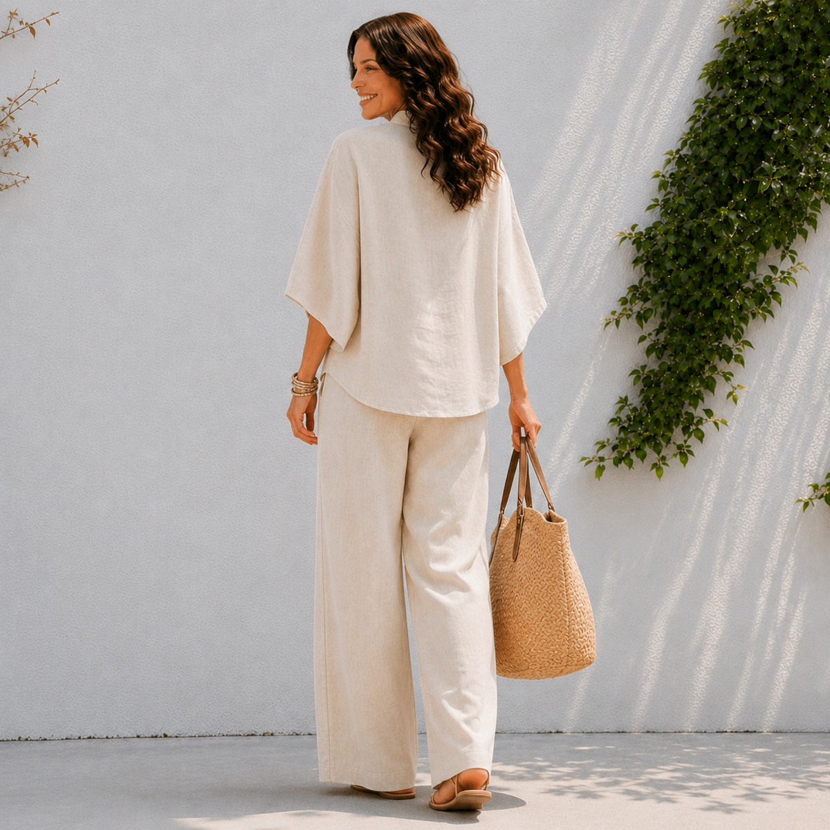 Women's two-piece set - button front top and wide leg pants holiday