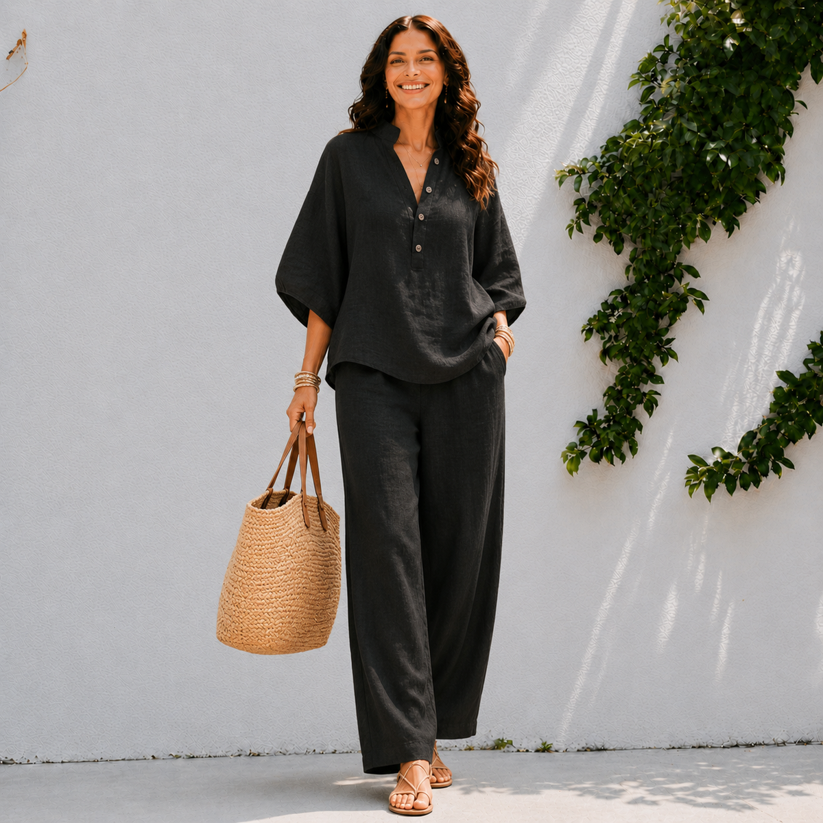 Women's two-piece set - button front top and wide leg pants holiday