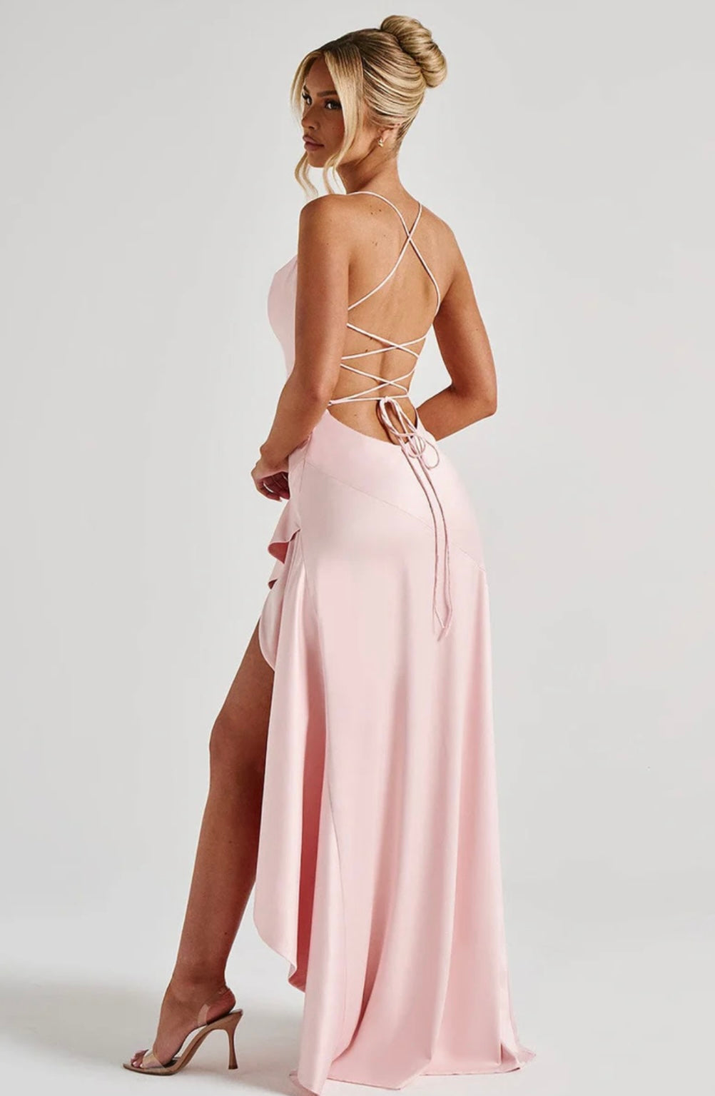 Women’s maxi dress - satin high-low hem with ruffle detail | evening event