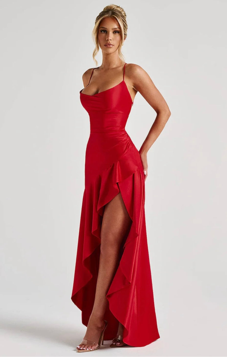 Women’s maxi dress - satin high-low hem with ruffle detail | evening event