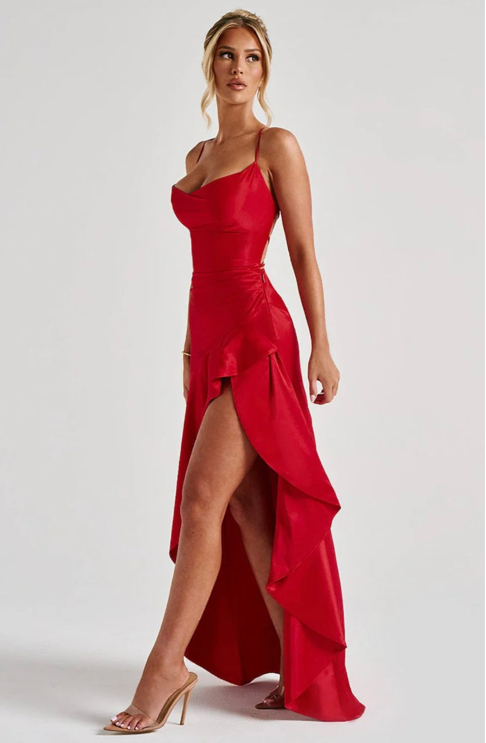 Women’s maxi dress - satin high-low hem with ruffle detail | evening event