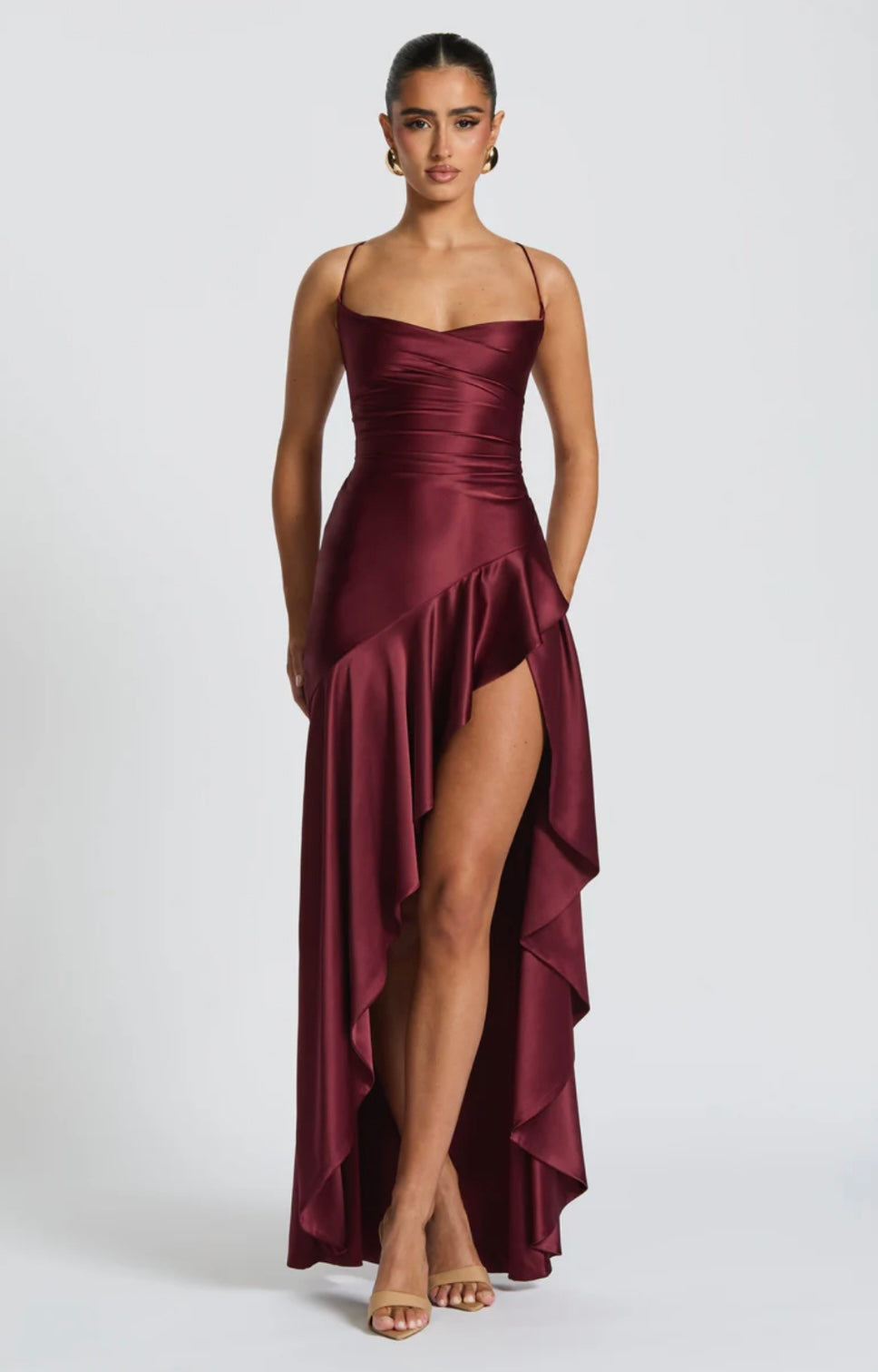 Women’s maxi dress - satin high-low hem with ruffle detail | evening event