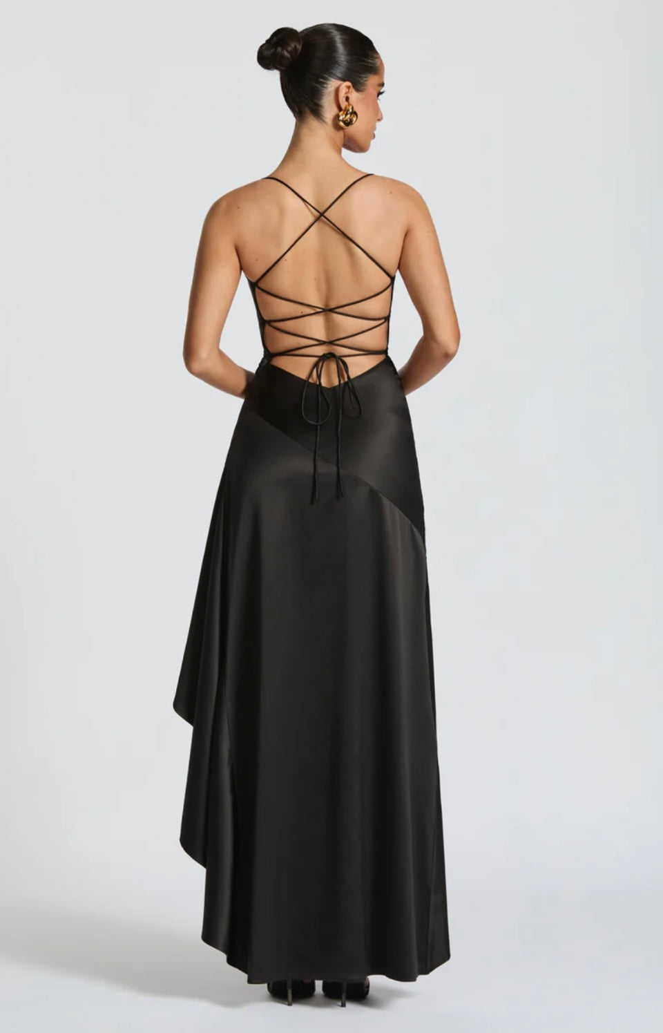 Women’s maxi dress - satin high-low hem with ruffle detail | evening event