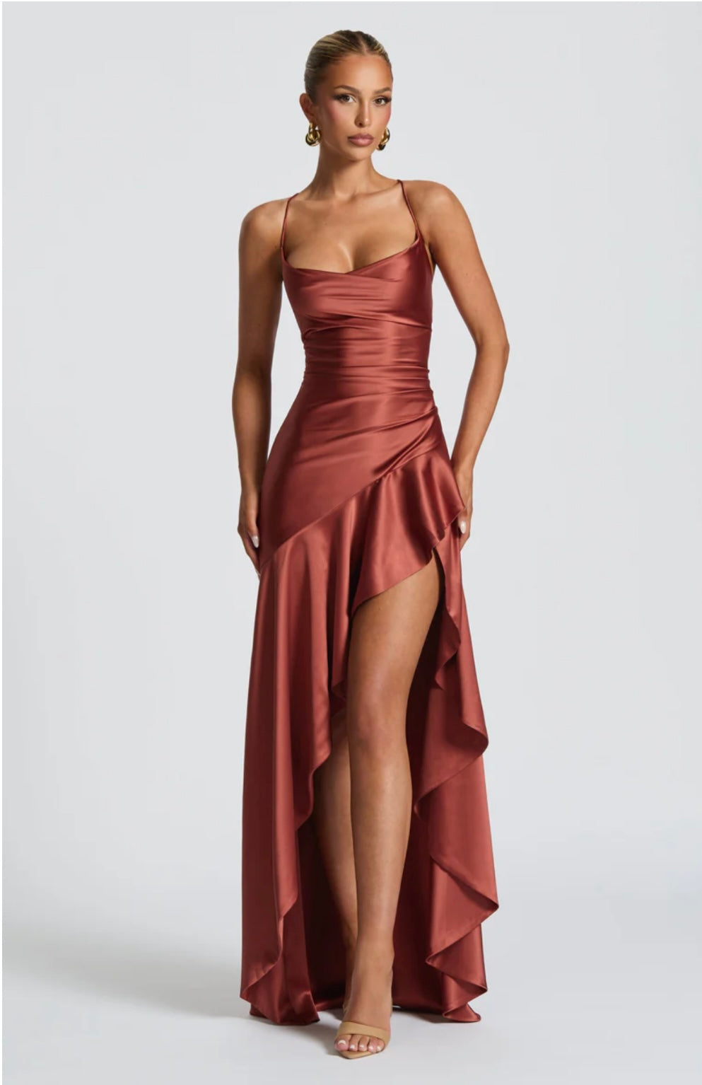 Women’s maxi dress - satin high-low hem with ruffle detail | evening event
