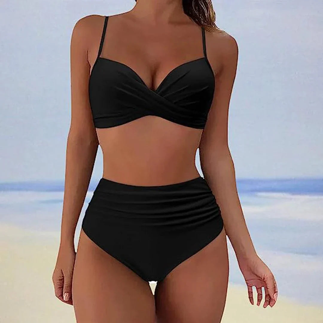 Women's high-waisted bikini set - twist-front two-piece swimwear for beach