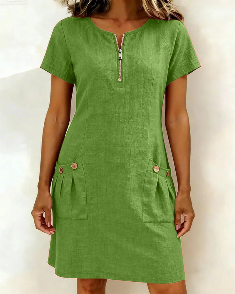 Women's Linen A-Line Dress Zip Front