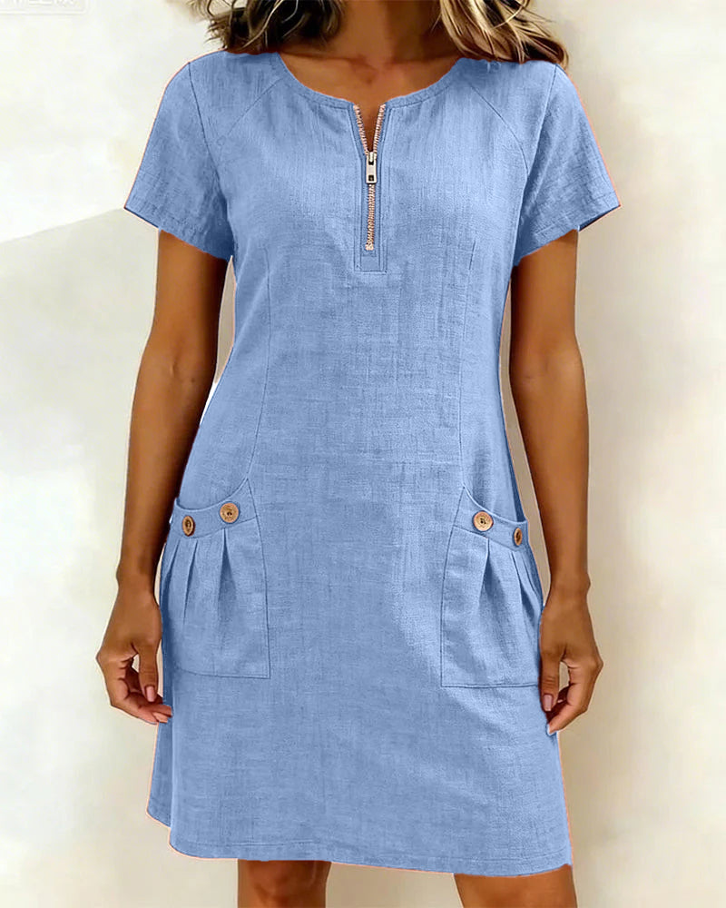 Women's Linen A-Line Dress Zip Front