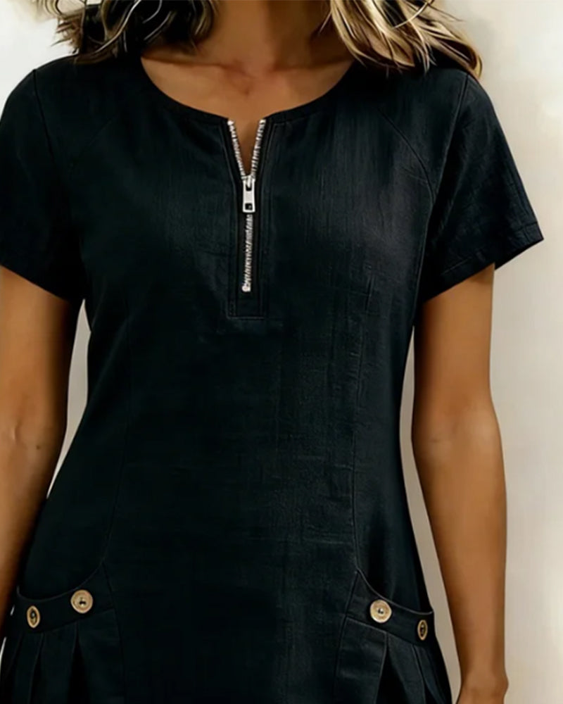 Women's Linen A-Line Dress Zip Front