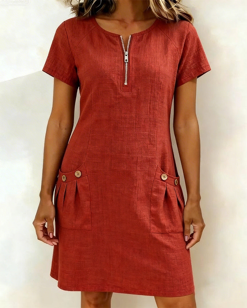 Women's Linen A-Line Dress Zip Front