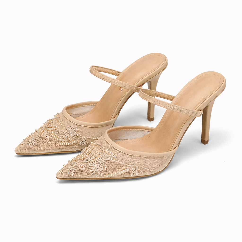 Embroidered Mesh Mule Heels