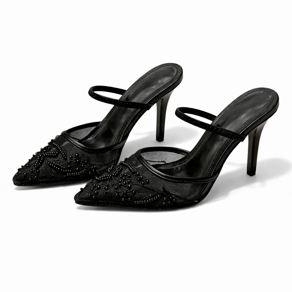 Embroidered Mesh Mule Heels