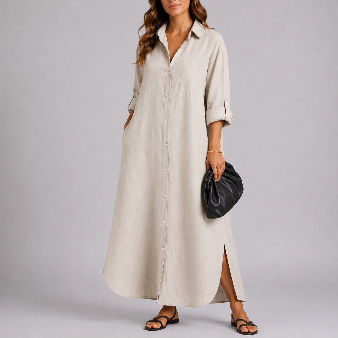 Linen Blend Button-Down Maxi Dress