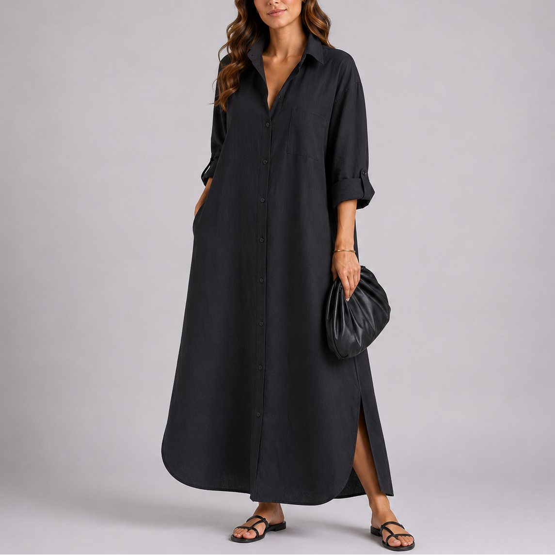 Linen Blend Button-Down Maxi Dress