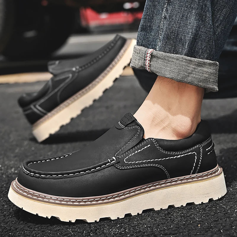 Men's leather loafers - slip-on with durable rubber outsole - casual