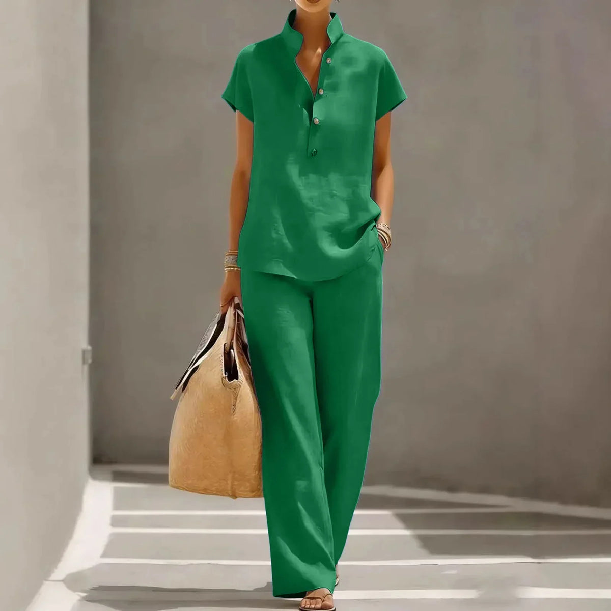Women's matching set | breathable linen blend | relaxed wide trousers