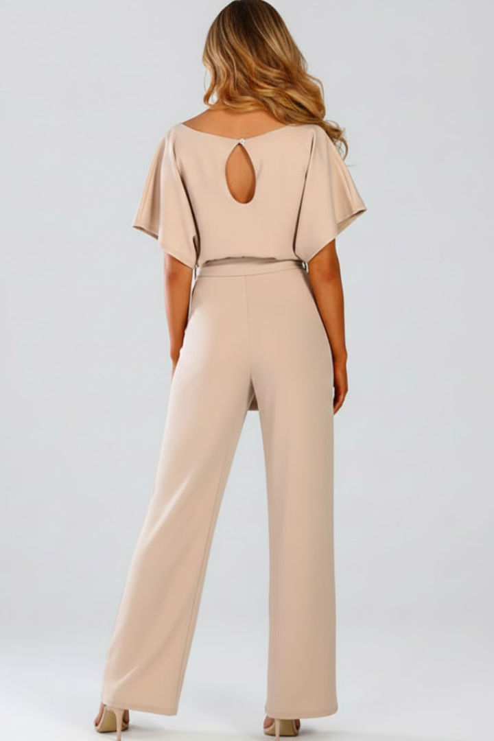 Women's jumpsuit - short sleeve wide leg full-length romper with belt